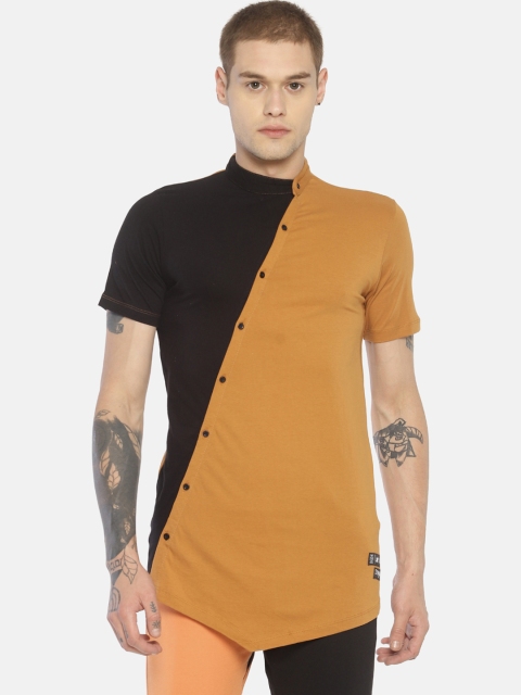 

KULTPRIT Men Yellow Colourblocked Mandarin Collar T-shirt
