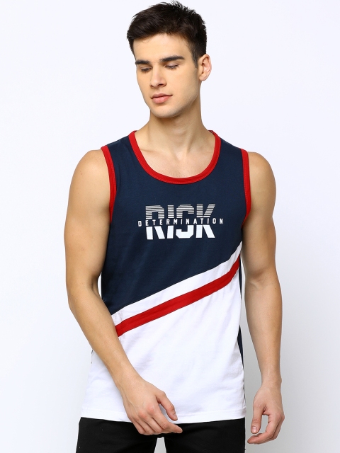 

Maniac Men Navy Blue White Colourblocked Round Neck Pure Cotton T-shirt