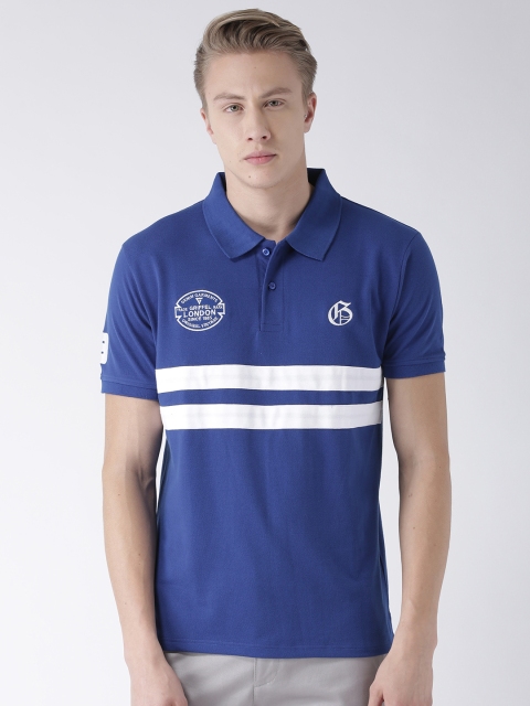 

GRIFFEL Men Blue Striped Polo Collar T-shirt