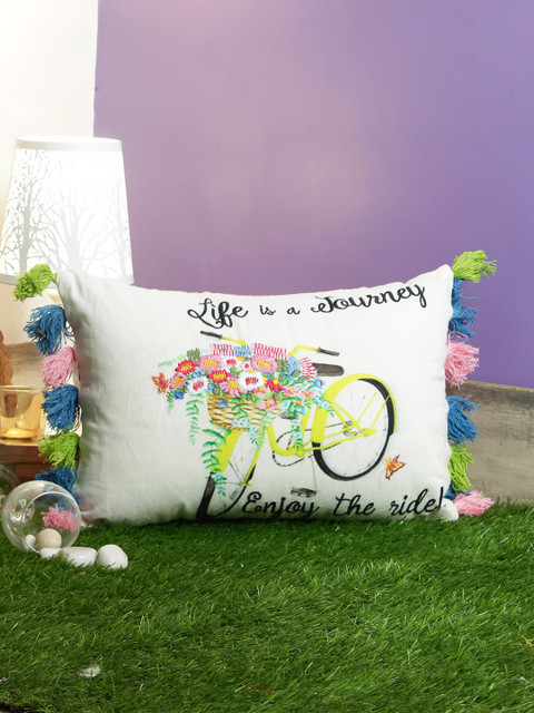 HomeTown White & Green Single Embroidered Rectangle Cushion Cover