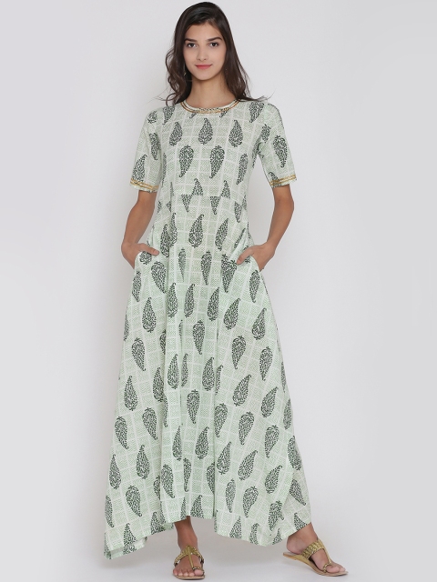 

Adizya Women White & Green Printed A-Line Asymmetric Kurta