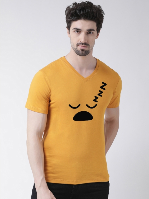 

Friskers Men Mustard Yellow Printed V-Neck T-shirt