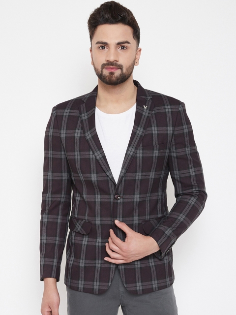 

Canary London Men Maroon & Grey Checked Slim-Fit Single-Breasted Casual Blazer