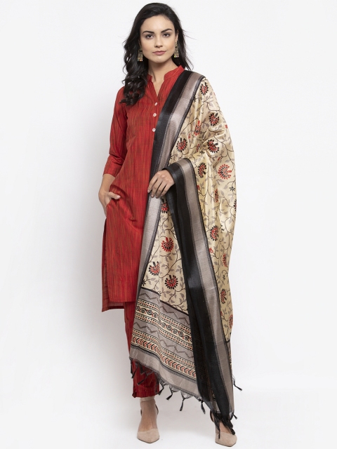 

Jompers Women Red & Beige Self Design Kurta with Trousers & Dupatta