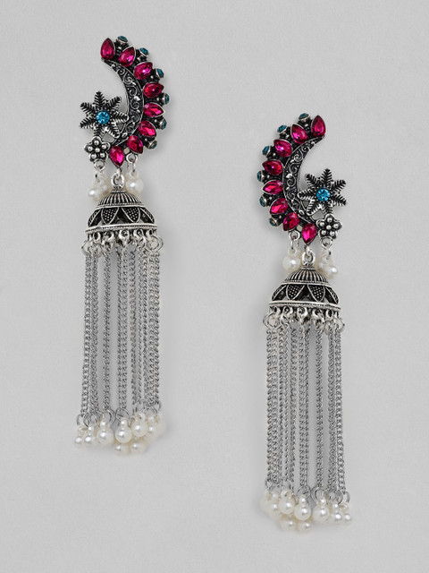

Rubans Oxidised Silver-Plated & Red Stone-Studded & Beaded Handcrafted Classic Jhumkas