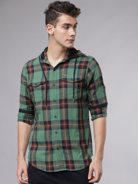 

LOCOMOTIVE Men Green & Brown Slim Fit Checked Casual Shirt