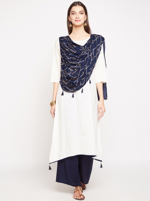 

studio rasa Women White & Navy Blue Solid Kurta with Palazzos