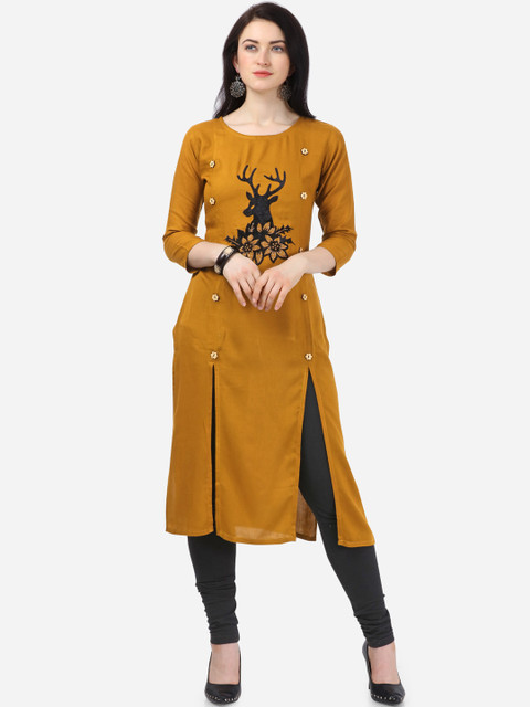 

Kvsfab Women Mustard Yellow & Black Embroidered Straight Kurta