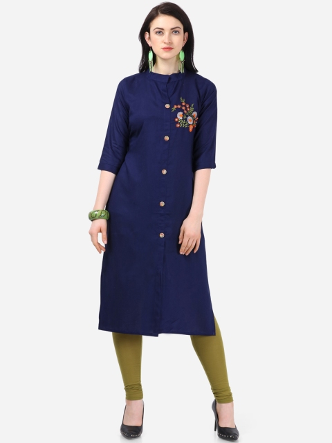 

Kvsfab Women Navy Blue Embroidered Straight Kurta