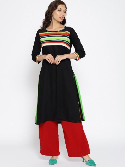 

Sringam Women Black Striped Straight Kurta