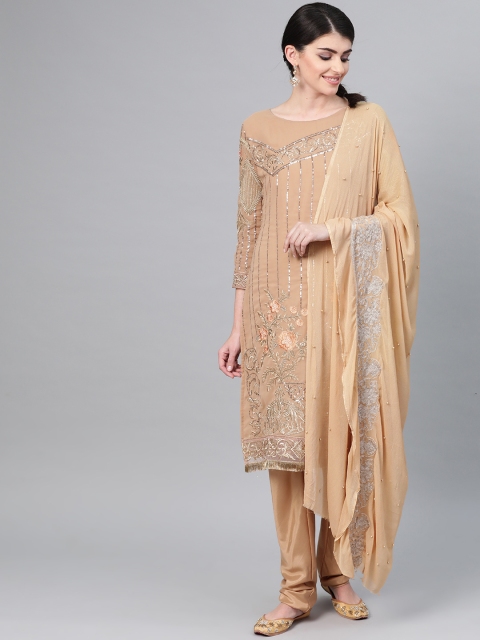 

Ishin Beige Poly Georgette Unstitched Dress Material