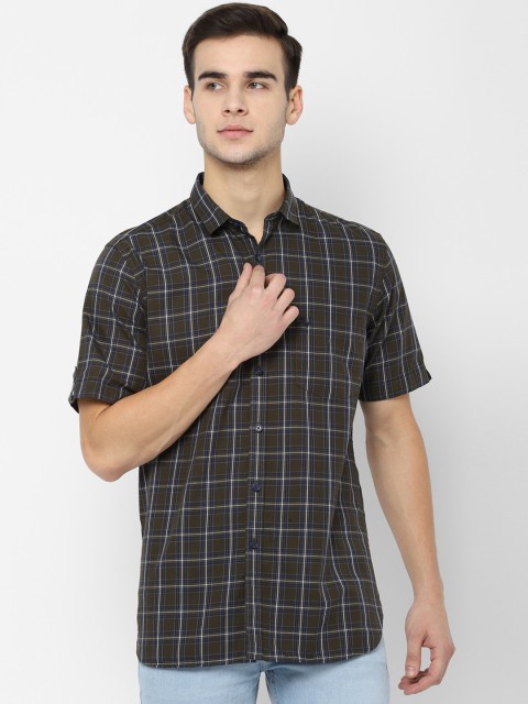 

Allen Solly Men Olive Green & Navy Blue Slim Fit Checked Casual Shirt