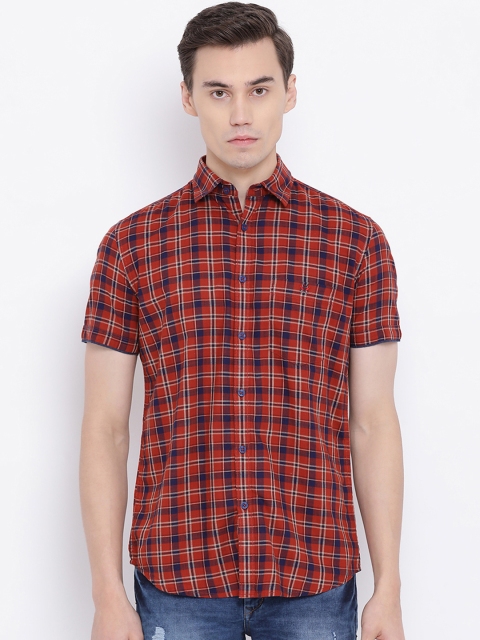 

Crimsoune Club Men Orange & Navy Blue Slim Fit Checked Casual Shirt