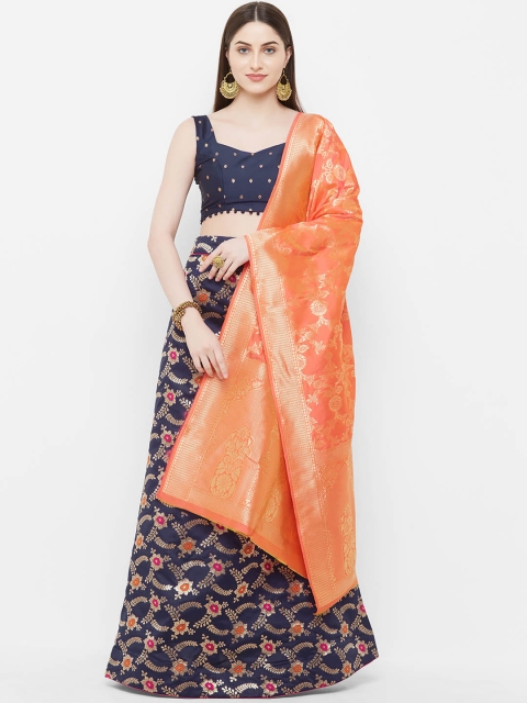 

Aasvaa Navy Blue Woven Design Semi-Stitched Lehenga & Unstitched Blouse With Dupatta