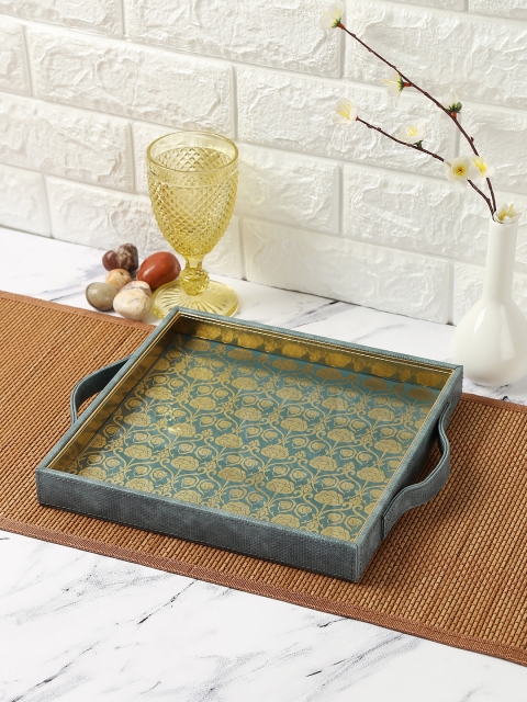 

India Circus by Krsnaa Mehta Sea Green & Gold-Toned Printed Leather Tray