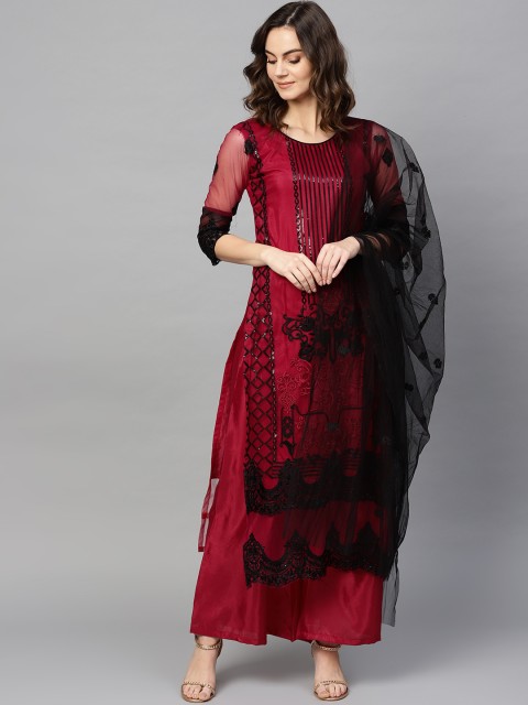 

Ishin Maroon & Black Net Unstitched Dress Material