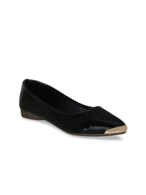 

Get Glamr Women Black & Beige Solid Synthetic Patent Ballerinas