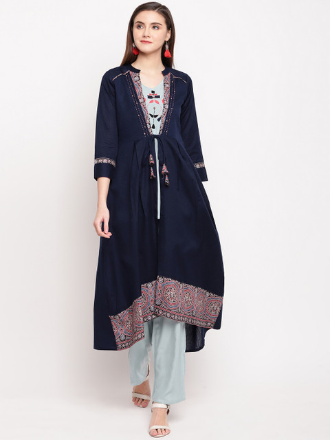 

Kvsfab Women Blue & Navy Blue Printed Kurti & Palazzos with Ethnic Jacket