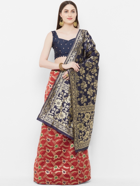 

Aasvaa Red & Navy Blue Woven Design Semi-Stitched Lehenga & Unstitched Blouse With Dupatta