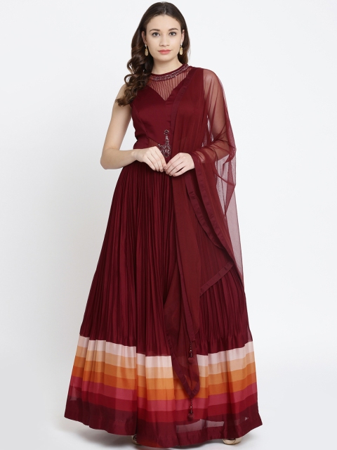 

Koskii Women Maroon Solid Ethnic Maxi Dress with Dupatta