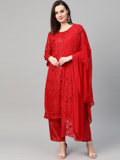 

Ishin Red Poly Georgette Unstitched Dress Material
