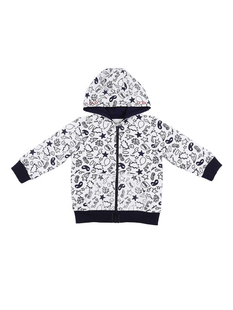 

Chirpie Pie by Pantaloons Boys White & Navy Blue Printed Hooded Sweatshirt