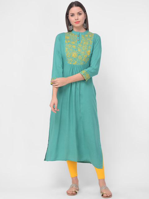 

aayusika Women Green & Yellow Embroidered Straight Kurta
