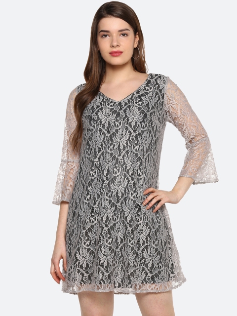

Qurvii Plus Size Women Grey Self Design A-Line Dress