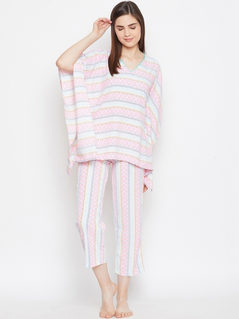 

The Kaftan Company Women White & Pink Printed Night suit