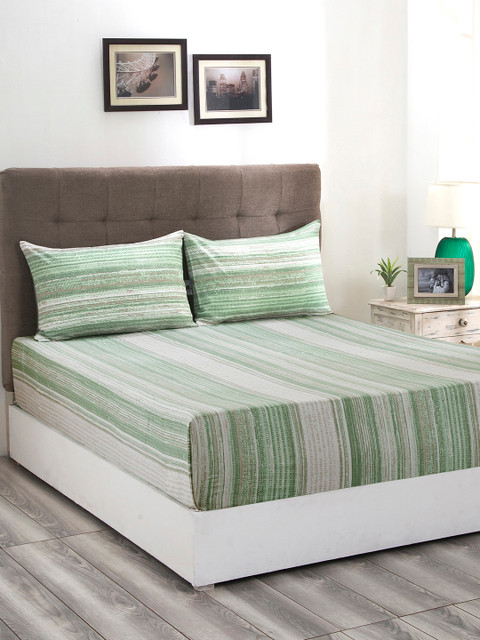 

MASPAR Green & Grey Striped 210 TC Cotton 1 King Bedsheet with 2 Pillow Covers