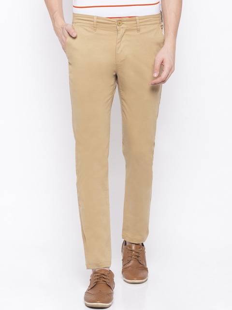 Men Khaki Tapered Fit Solid Regular Trousers
