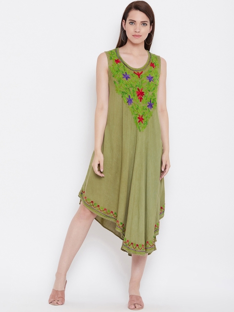 

FIZERA Women Olive Green Embroidered A-Line Dress