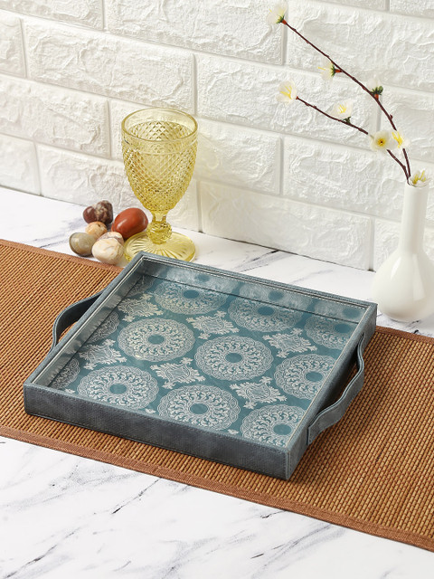 

India Circus by Krsnaa Mehta Teal Green & White Printed Leather Tray
