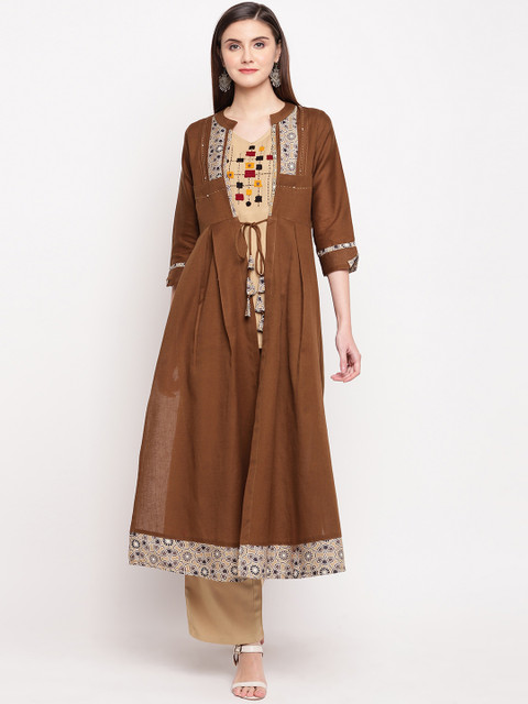 

Kvsfab Women Brown & Beige Printed Kurti & Palazzos with Ethnic Jacket