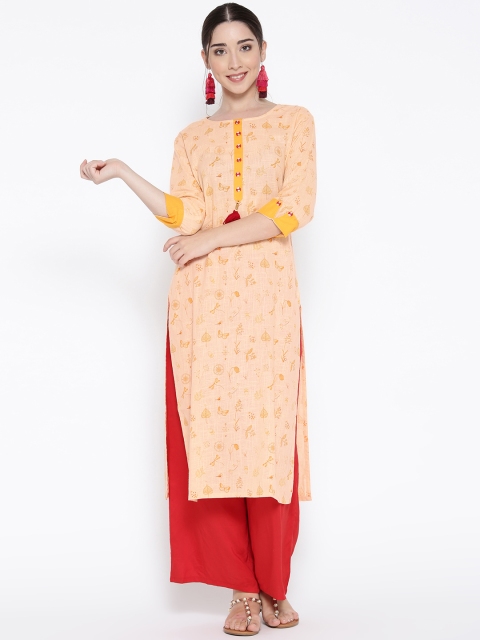 

Sringam Women Peach-Coloured & Yellow Printed Straight Kurta