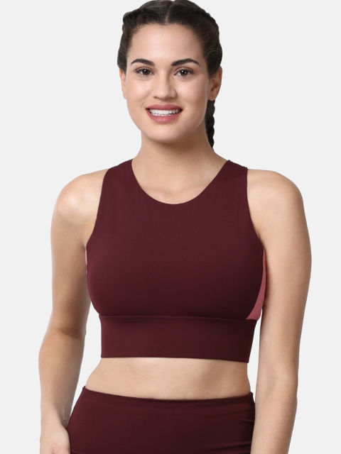 

Enamor Women Athleisure Maroon & Pink Colourblocked Held-in Fit Crop Top Sports Bra, Burgundy