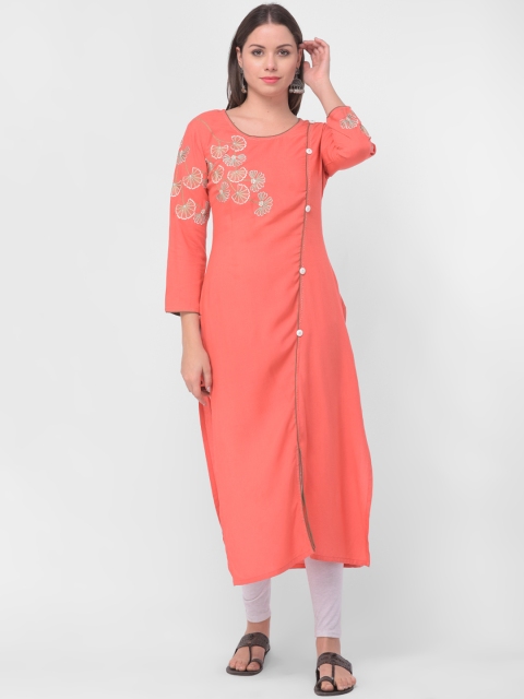 

aayusika Women Peach-Coloured & White Embroidered Straight Kurta
