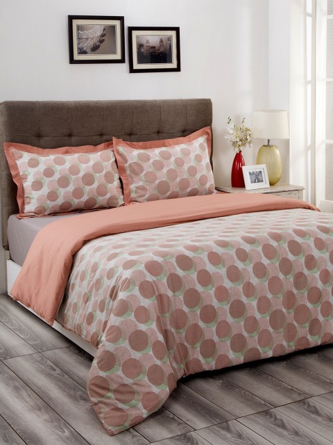 

MASPAR Peach-Coloured & White Printed 210 TC Double Bed Queen Duvet Cover With 2 Pillow Covers