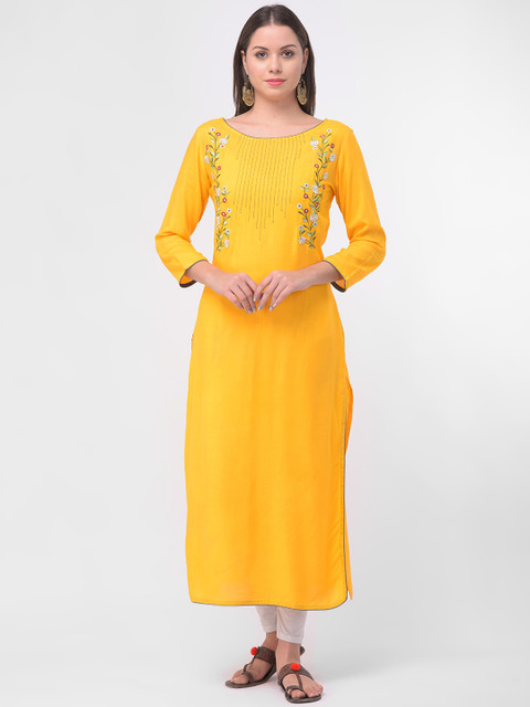 

aayusika Women Yellow Embroidered Straight Kurta