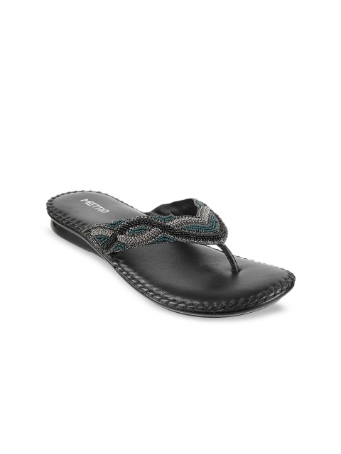 

Metro Women Black Embellished Leather Open Toe Flats