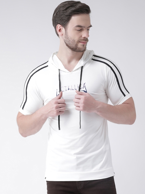 

Rex Straut Jeans Men White & Blue Printed Slim Fit Hood T-shirt