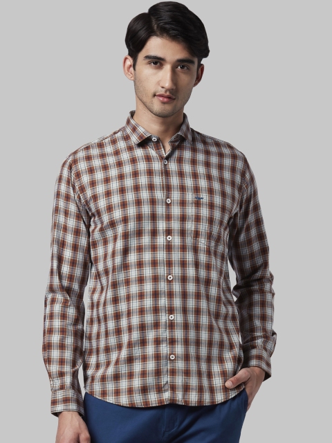 

Park Avenue Men Off-White & Rust Brown Slim Fit Checked Casual Shirt