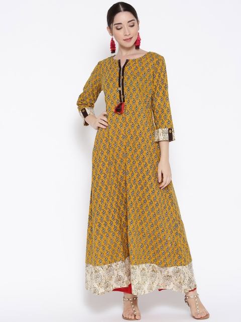 

Sringam Women Mustard Yellow & Brown Printed A-Line Kurta