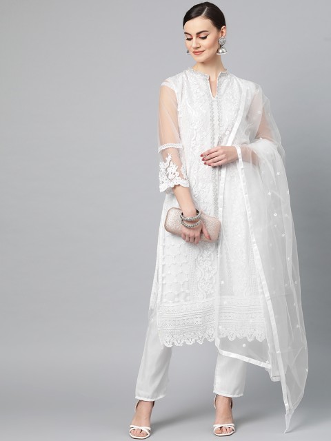 

Ishin White Net Unstitched Dress Material