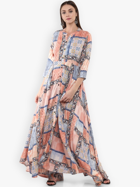 

Sringam Women Pink & Blue Printed Maxi Dress