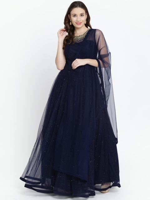 

Koskii Women Navy Blue Embellished Maxi Dress With Dupatta