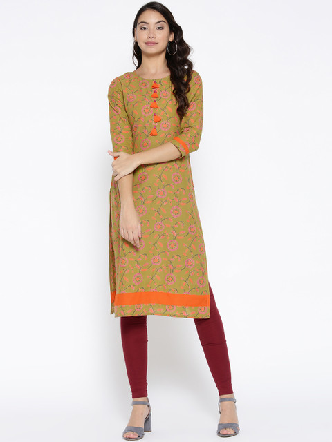 

Sringam Women Olive Green & Pink Printed Straight Kurta