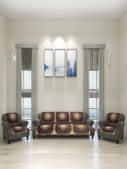 

ROMEE 6-Piece Brown & Beige Woven Design Chenille Sofa Set Covers