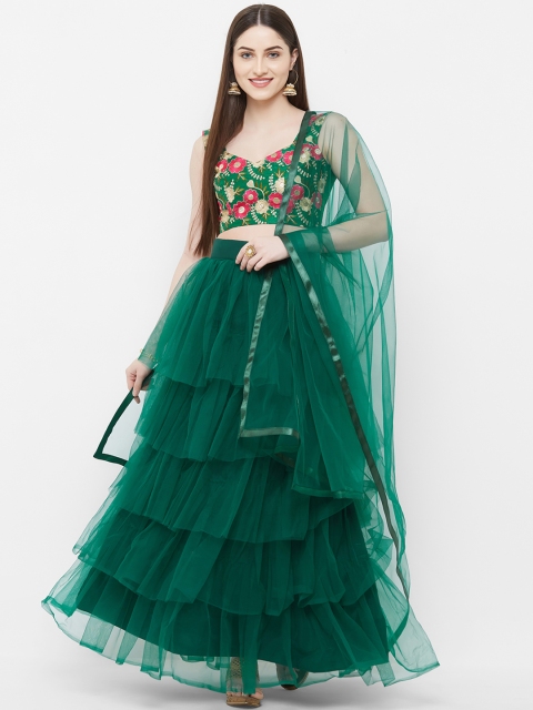 Aasvaa Green & Pink Embroidered Semi-Stitched Lehenga & Unstitched Blouse with Dupatta