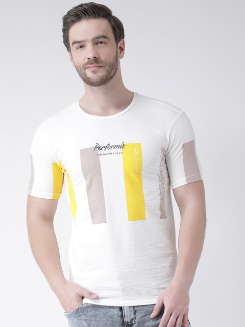 

Rex Straut Jeans Men White & Yellow Slim Fit Printed Round Neck T-shirt